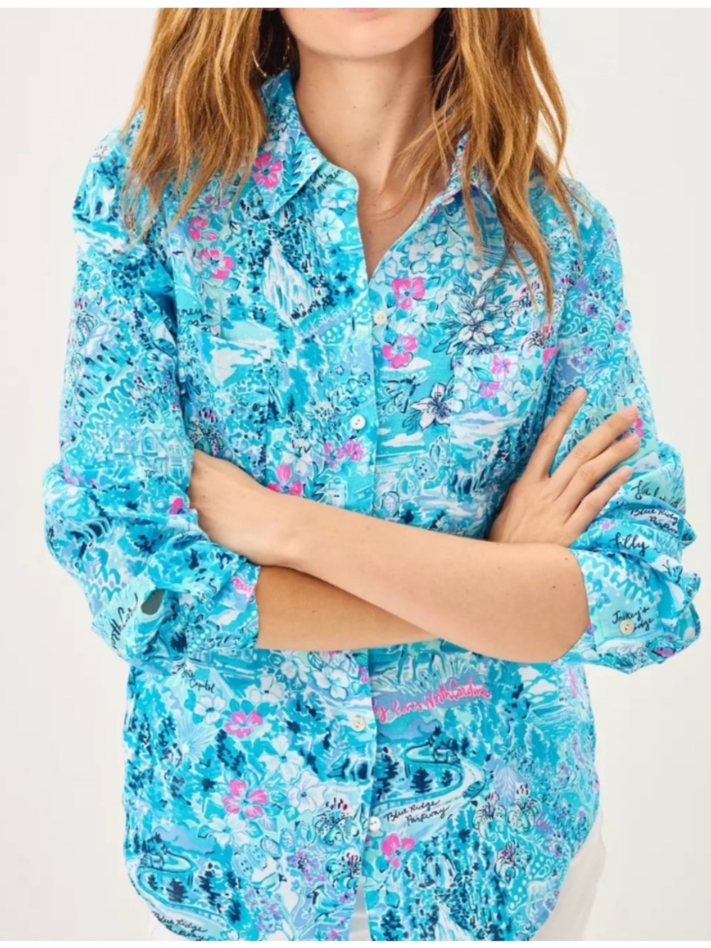 NEW LILLY PULITZER SEA VIEW BUTTON DOWN TOP Blue Peri Lilly Loves North Carolina